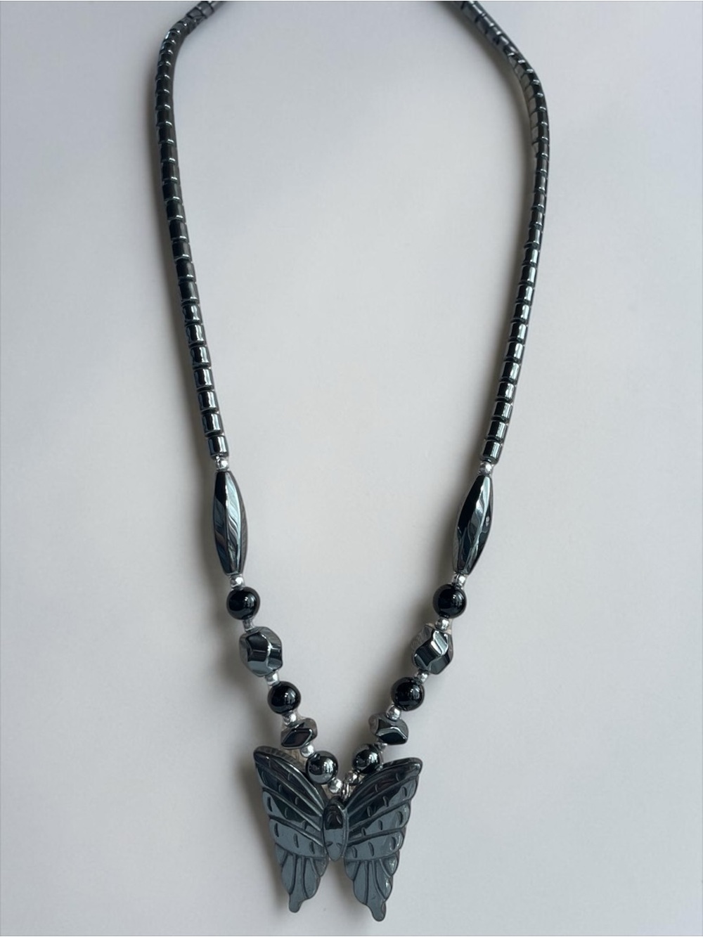 Carved Hematite Butterfly Pendant Statement Necklace - Picture 6 of 10